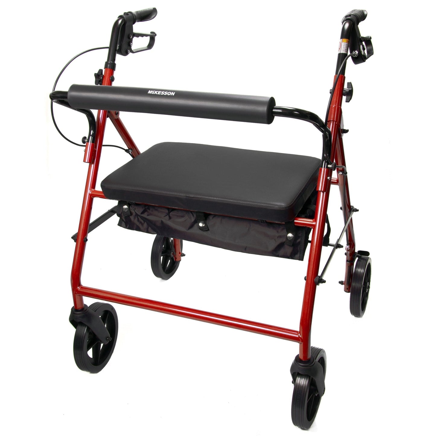 Red bariatric rollator with padded seat, 4 wheels, folding steel frame, front brakes