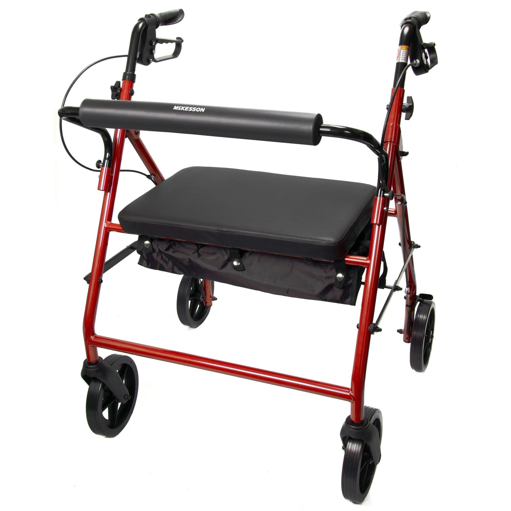 Red bariatric rollator with padded seat, 4 wheels, folding steel frame, front brakes