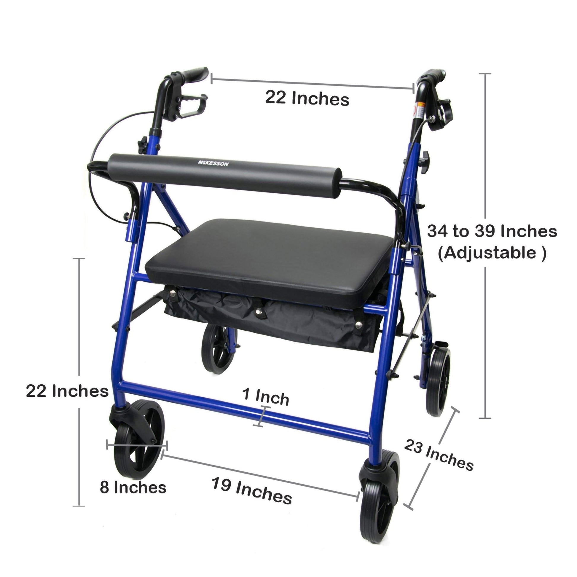 Blue rollator with padded seat; dimensions and adjustable height 34–39 in shown