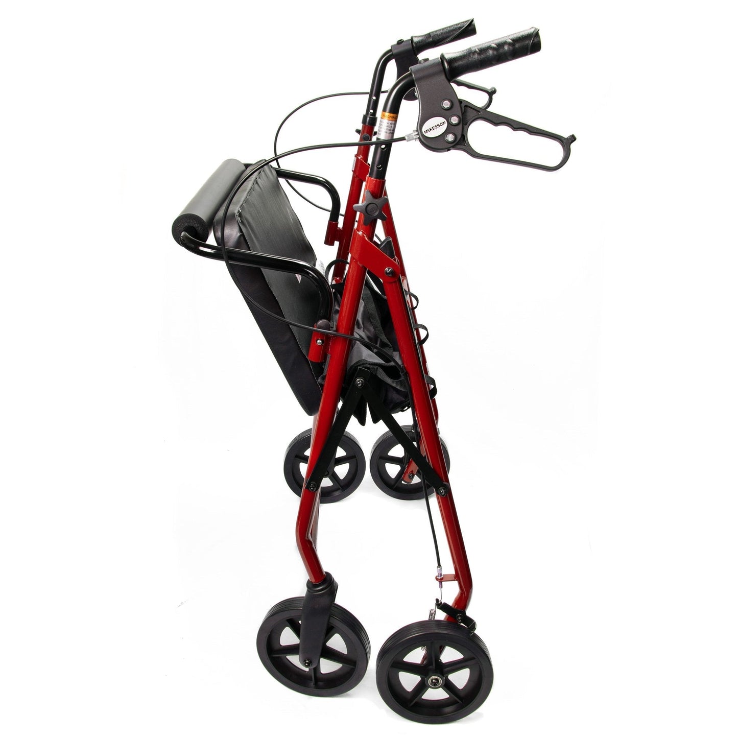 Red folding rollator with padded seat and backrest, 4 large wheels, hand brake