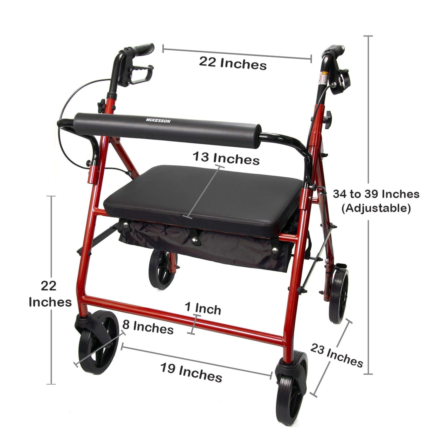Red rollator with padded seat; adjustable height 34–39 in and size marks shown
