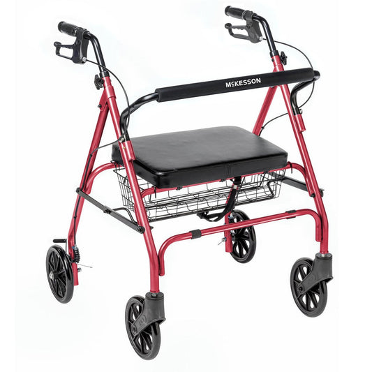 Red 4-wheel folding rollator with padded seat, front basket, and loop handbrakes