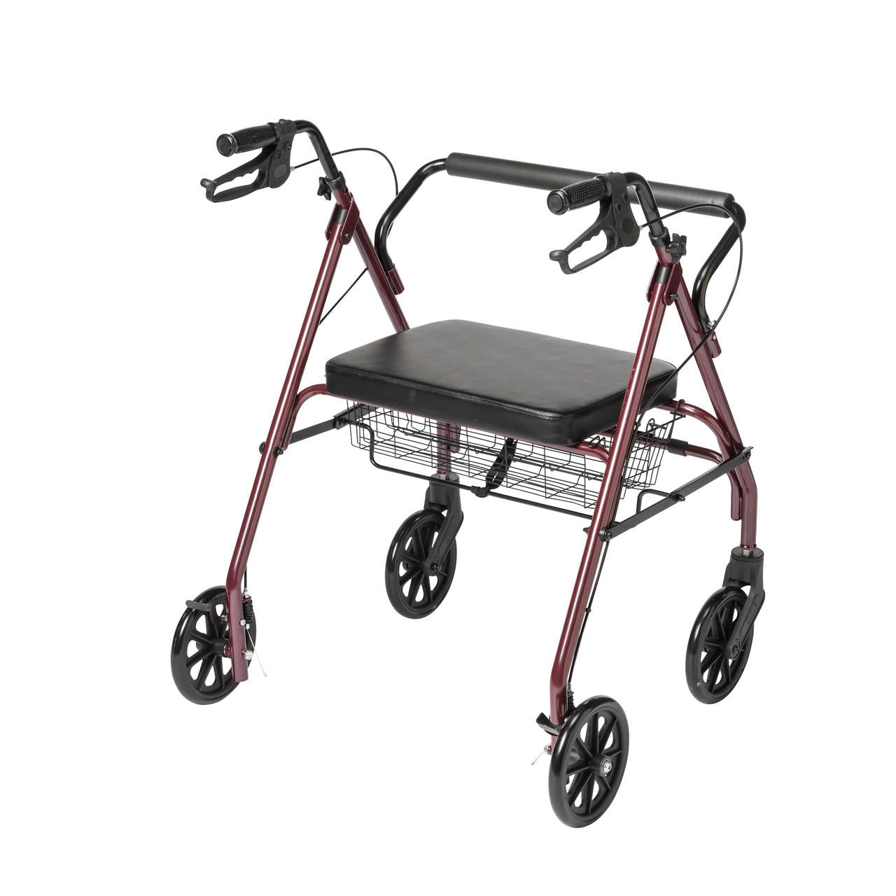 Red 4-wheel folding rollator, black seat with wire basket and folding frame