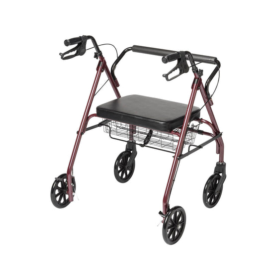 Red 4-wheel folding rollator, black seat with wire basket and folding frame