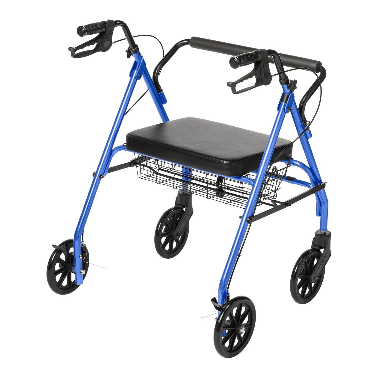 Blue rollator chair with padded seat, metal basket, and four swiveling wheels