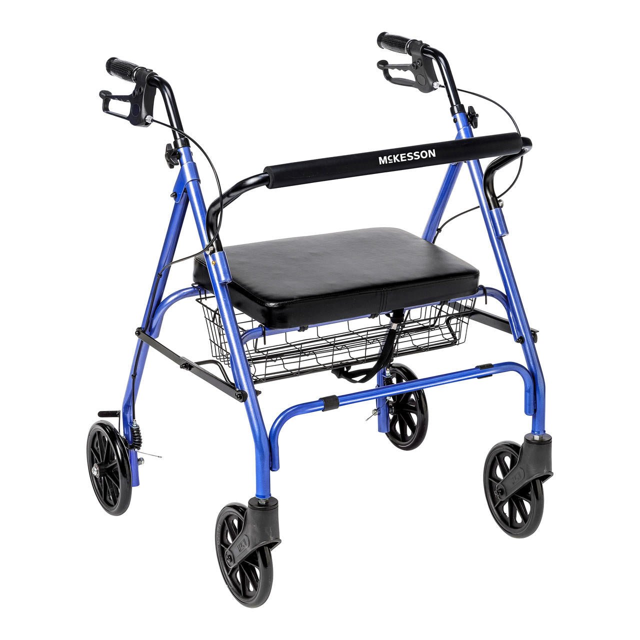 Blue bariatric 4-wheel rollator with black seat, armrests, and front storage basket
