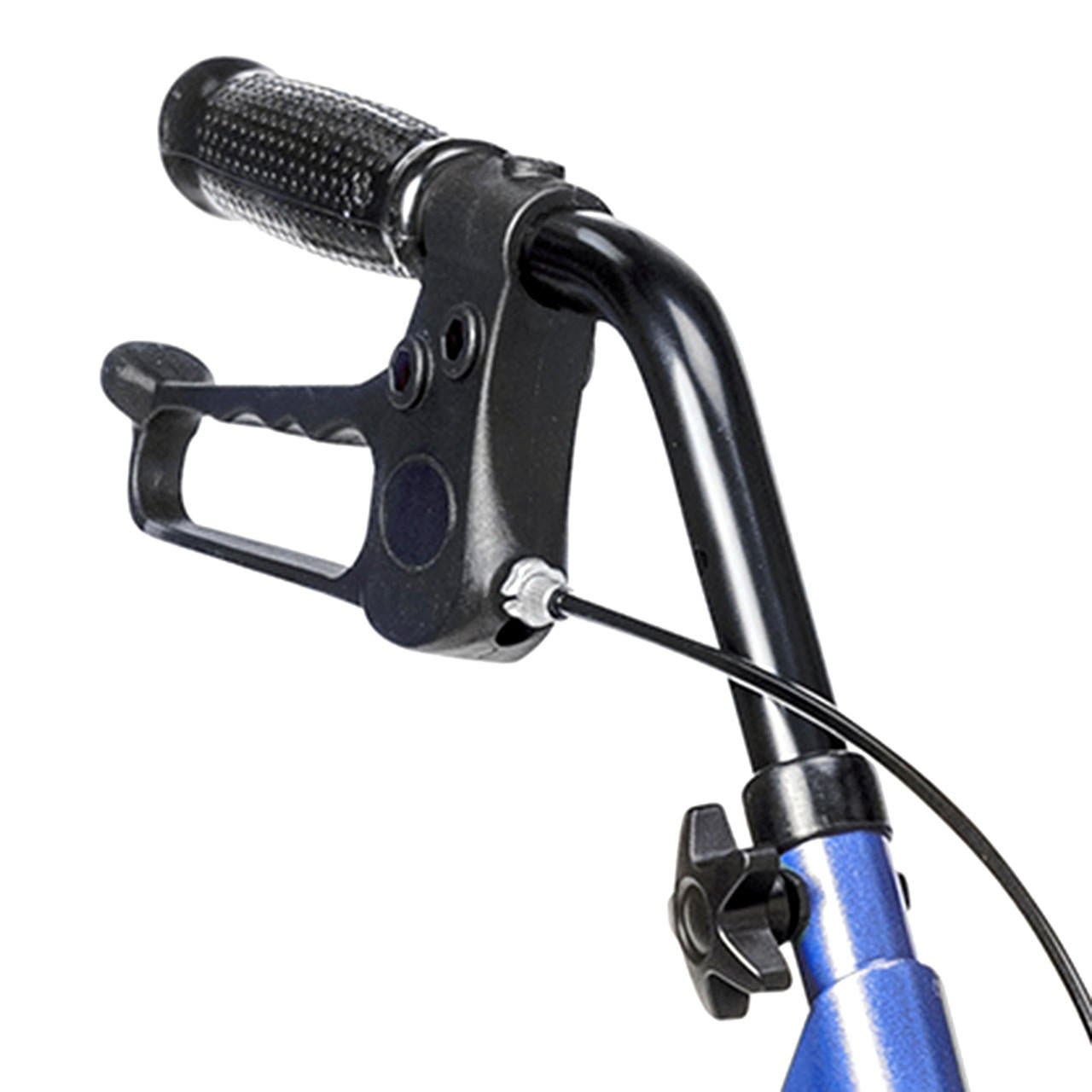 Black handle grips and loop handbrakes on a blue rollator frame