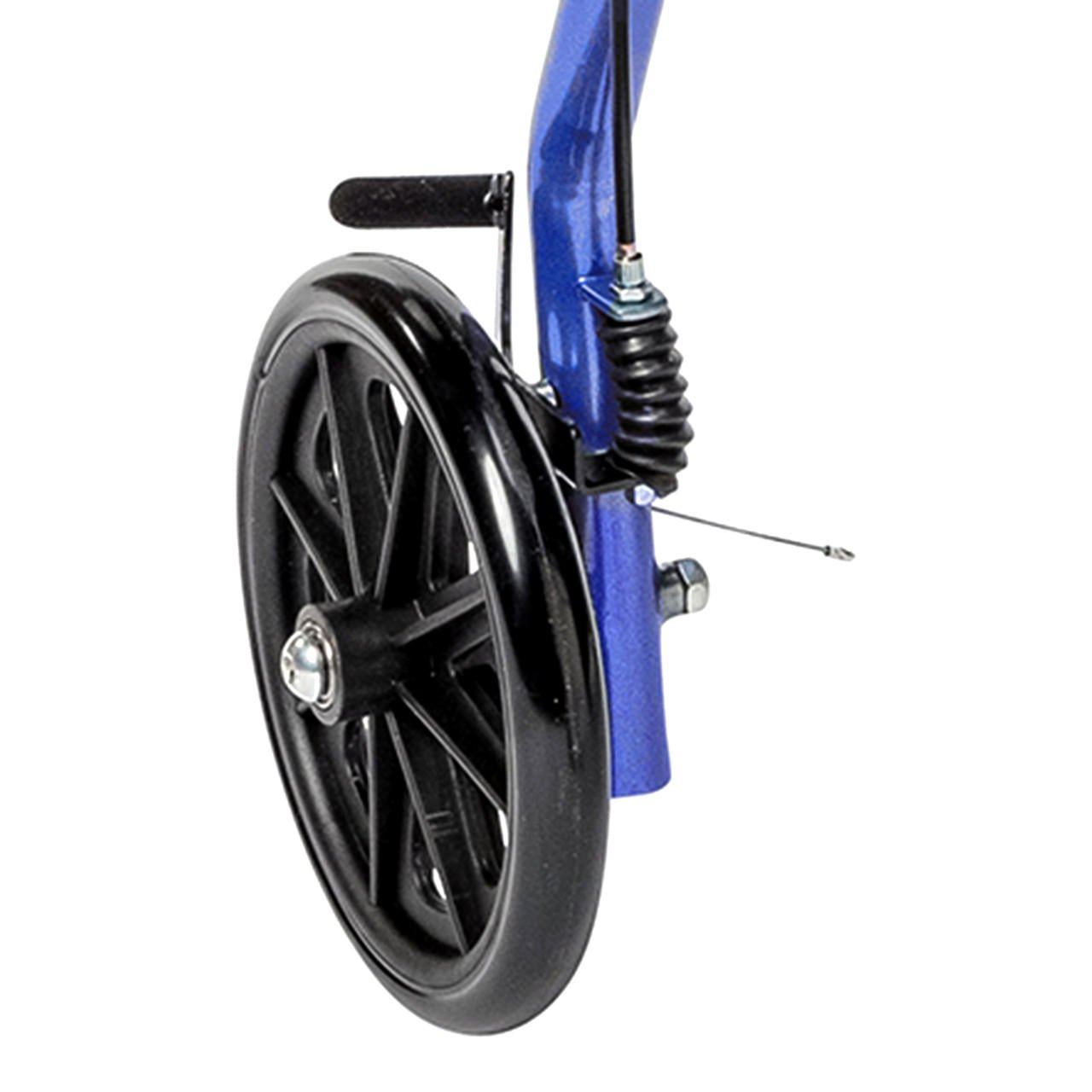 Close-up of black front wheel with spring suspension on blue rollator frame