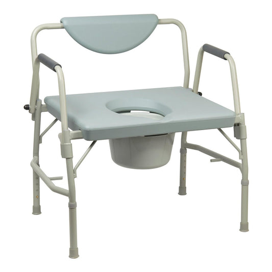 Bariatric commode chair with armrests, backrest, and light blue-gray toilet seat cutout