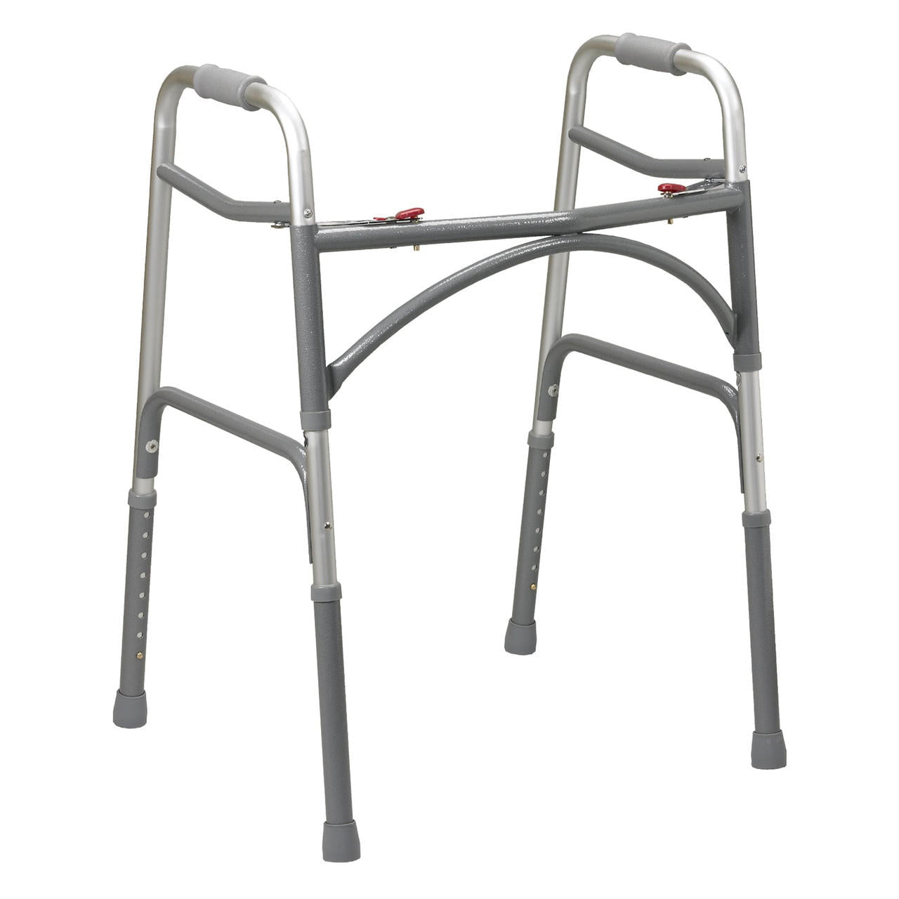 Silver bariatric folding walker with padded hand grips and grey leg supports