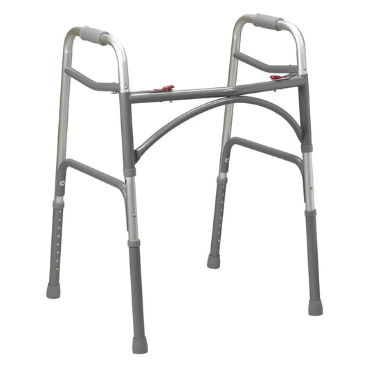 Silver bariatric folding walker with padded hand grips and grey leg supports