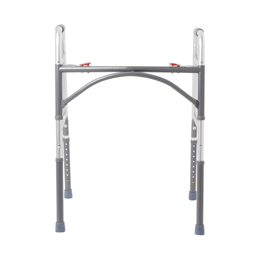 Silver folding walker front view with arched crossbar and adjustable height legs