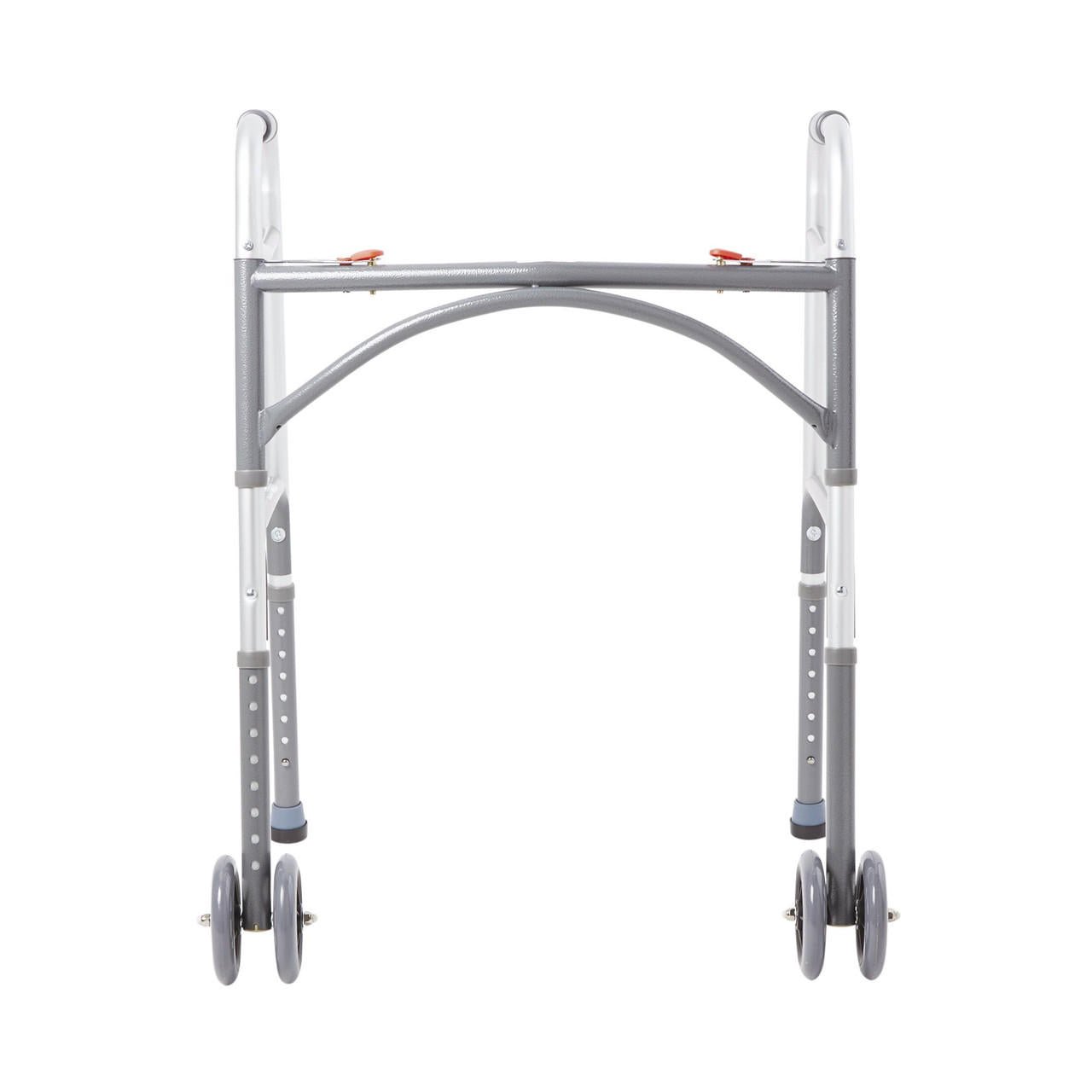 Bariatric folding walker with wheels, wide frame with height adjustment holes