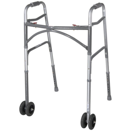 Bariatric folding walker with wheels, gray frame and black front casters
