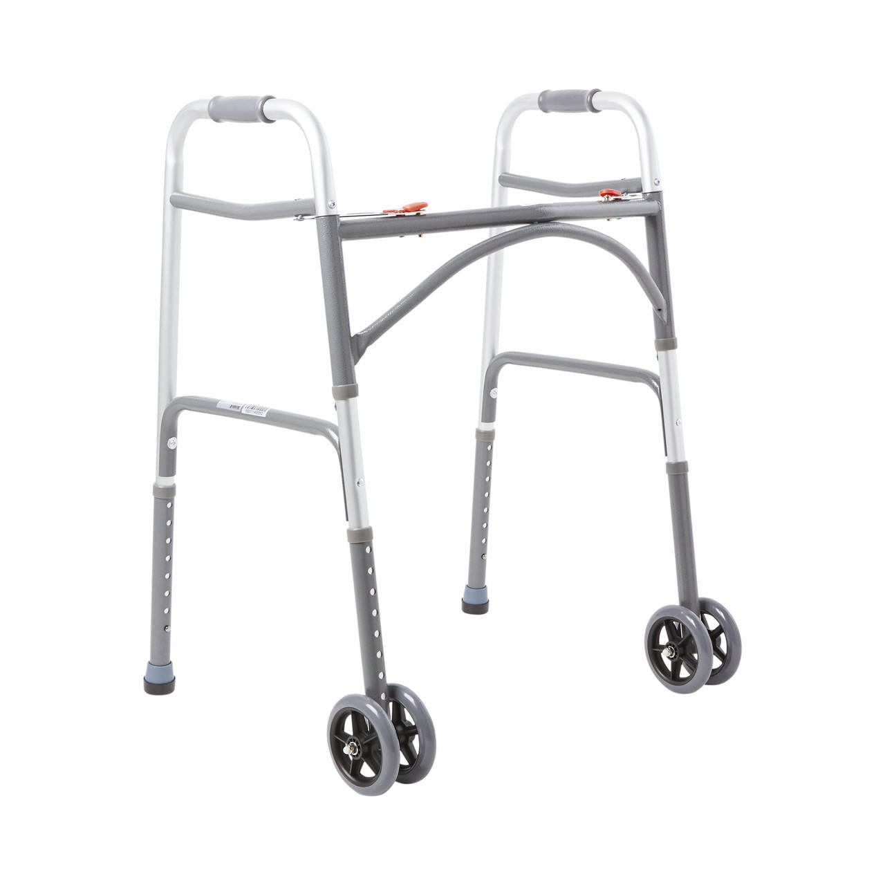 Bariatric folding walker with wheels and gray seat supports, white frame