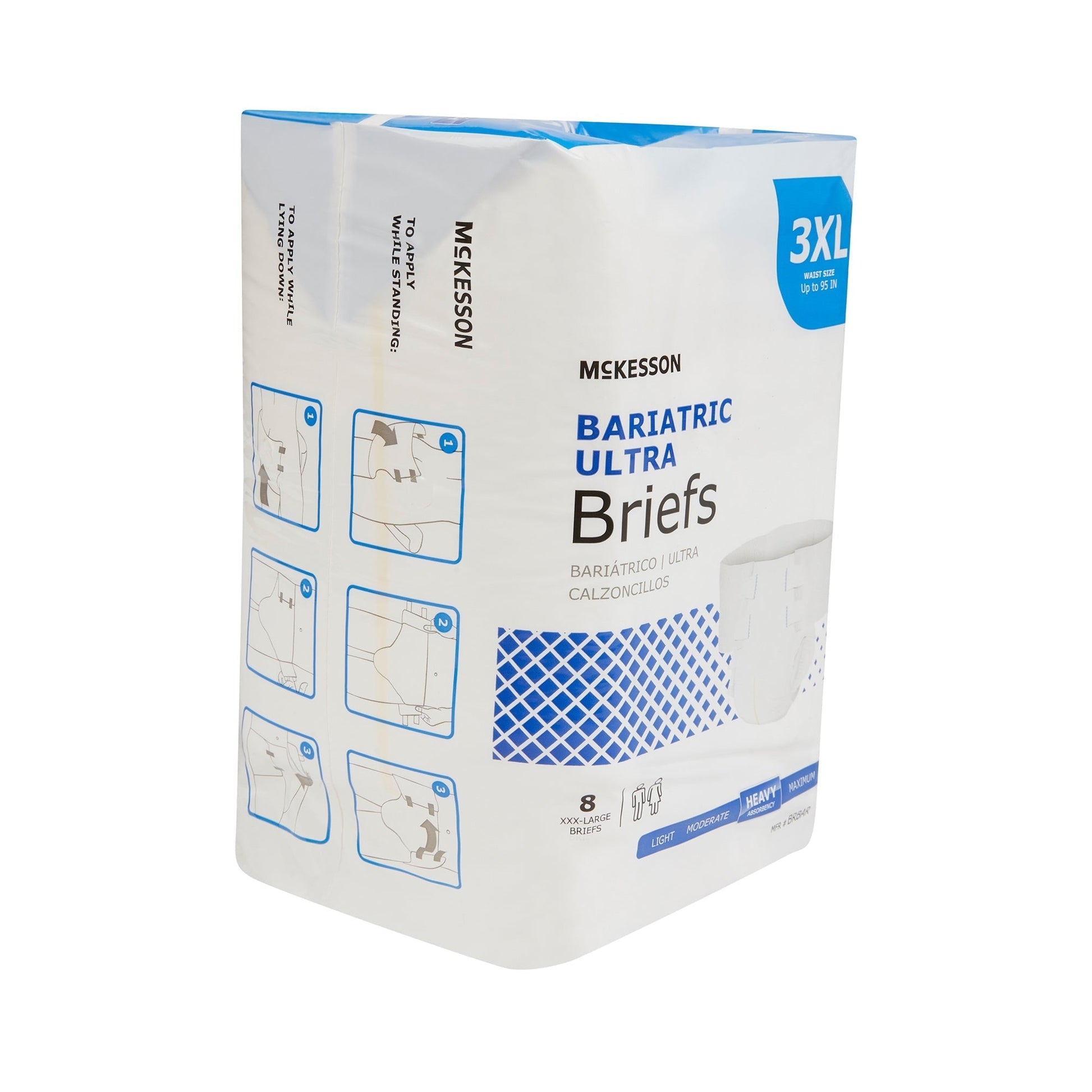 Bariatric Ultra briefs box, size 3XL, pack of 8, step-by-step fit diagrams