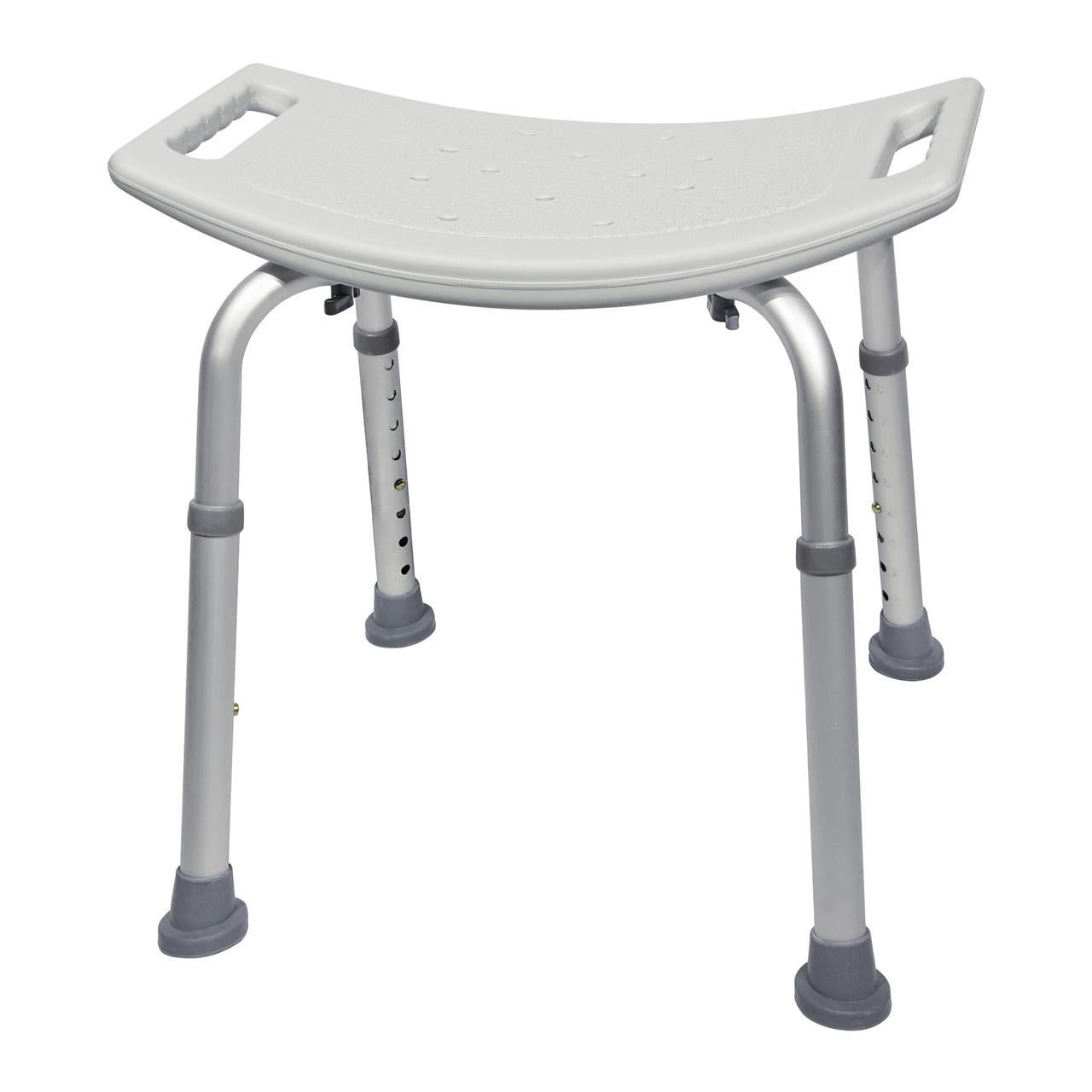 Bath bench with fixed handle, no backrest, white seat and gray adjustable legs