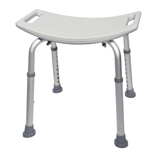 Bath bench with fixed handle, no backrest, white seat and gray adjustable legs