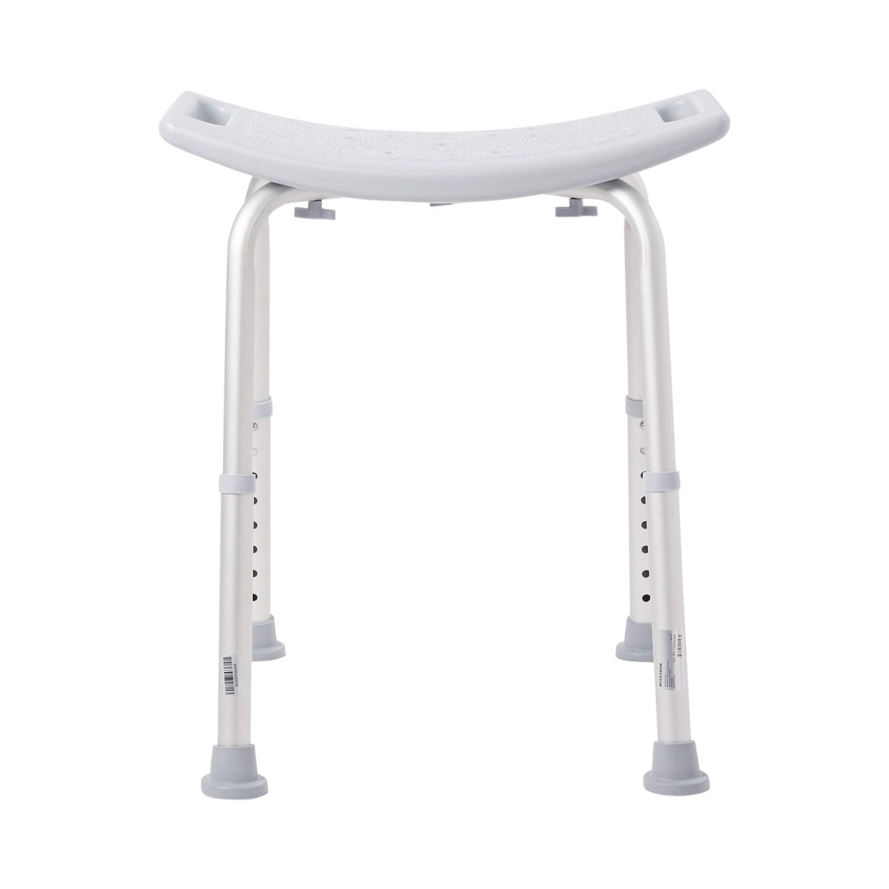 White bath bench seat with cutout handles, four legs, no backrest