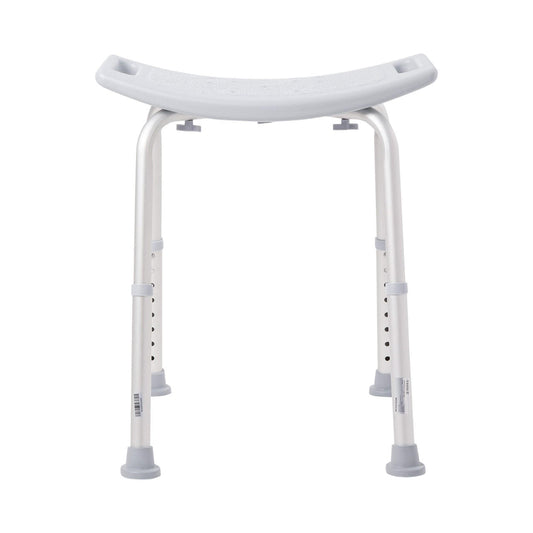 White bath bench seat with cutout handles, four legs, no backrest
