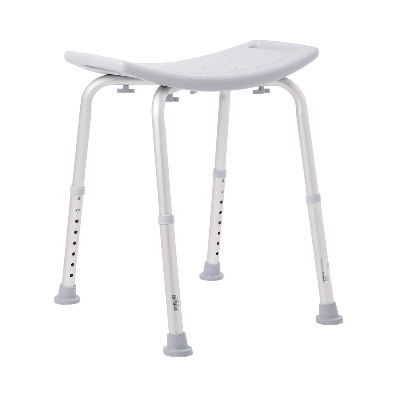 Lightweight bath bench, curved white seat, fixed handles, no backrest, gray feet