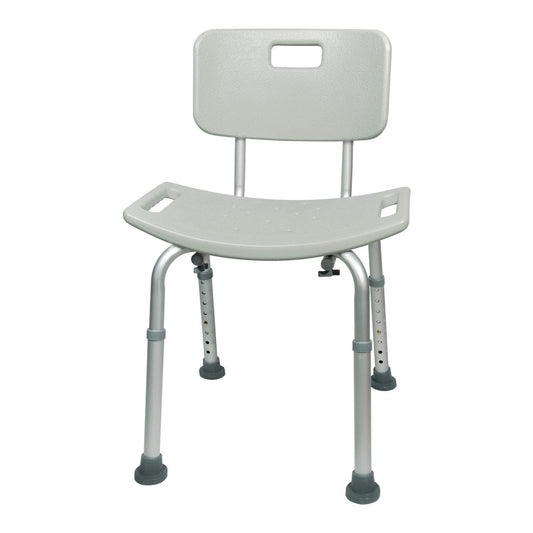 Light gray bath bench with removable backrest and perforated height-adjustable legs