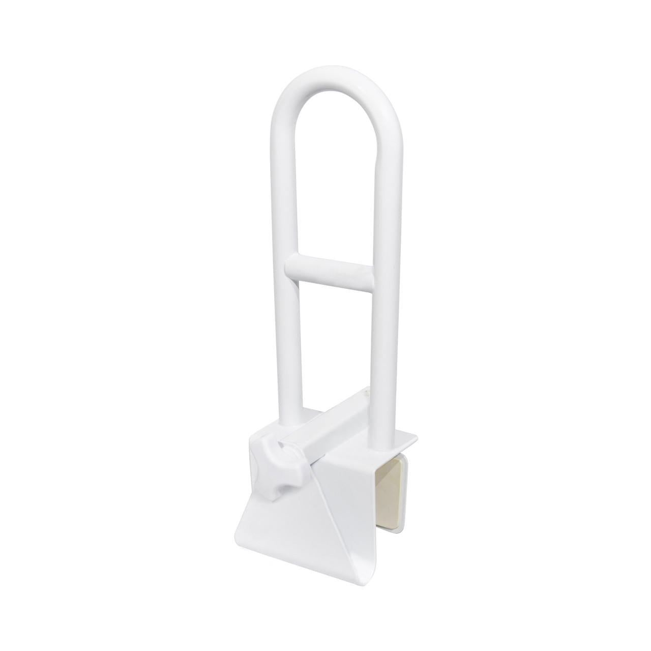 White bathtub safety grab bar with curved handle and wall-mount base