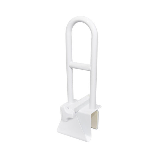 White bathtub safety grab bar with curved handle and wall-mount base