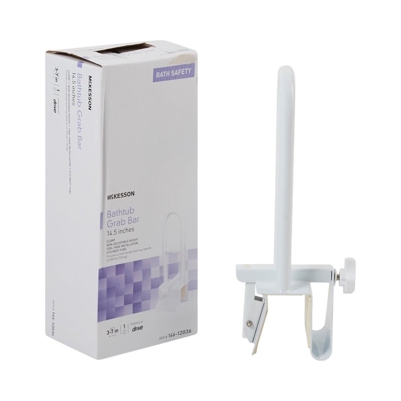 White bathtub grab bar and mounting clamp, shown with product box