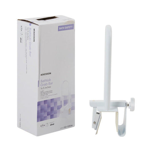 White bathtub grab bar and mounting clamp, shown with product box