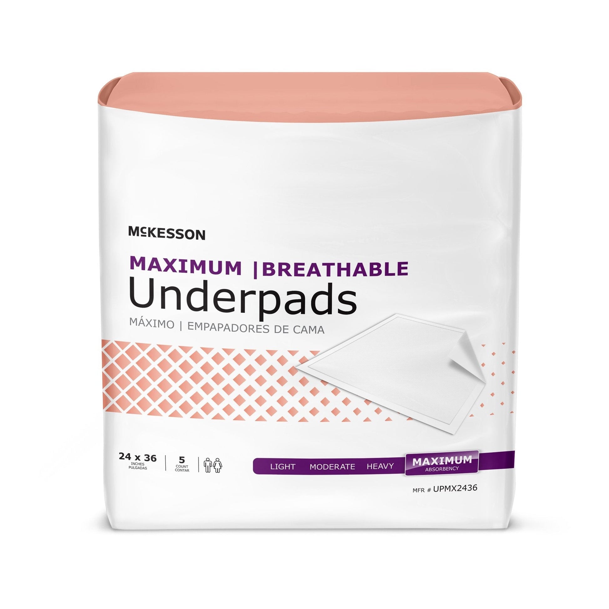 Breathable underpads, 24 x 36 in, Maximum absorbency, pack of 5