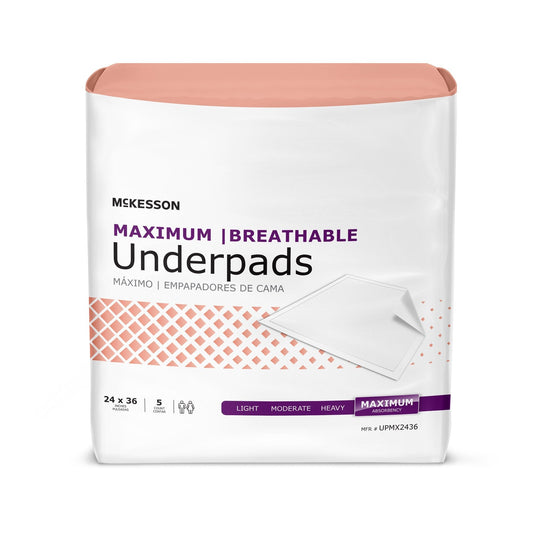 Breathable underpads, 24 x 36 in, Maximum absorbency, pack of 5