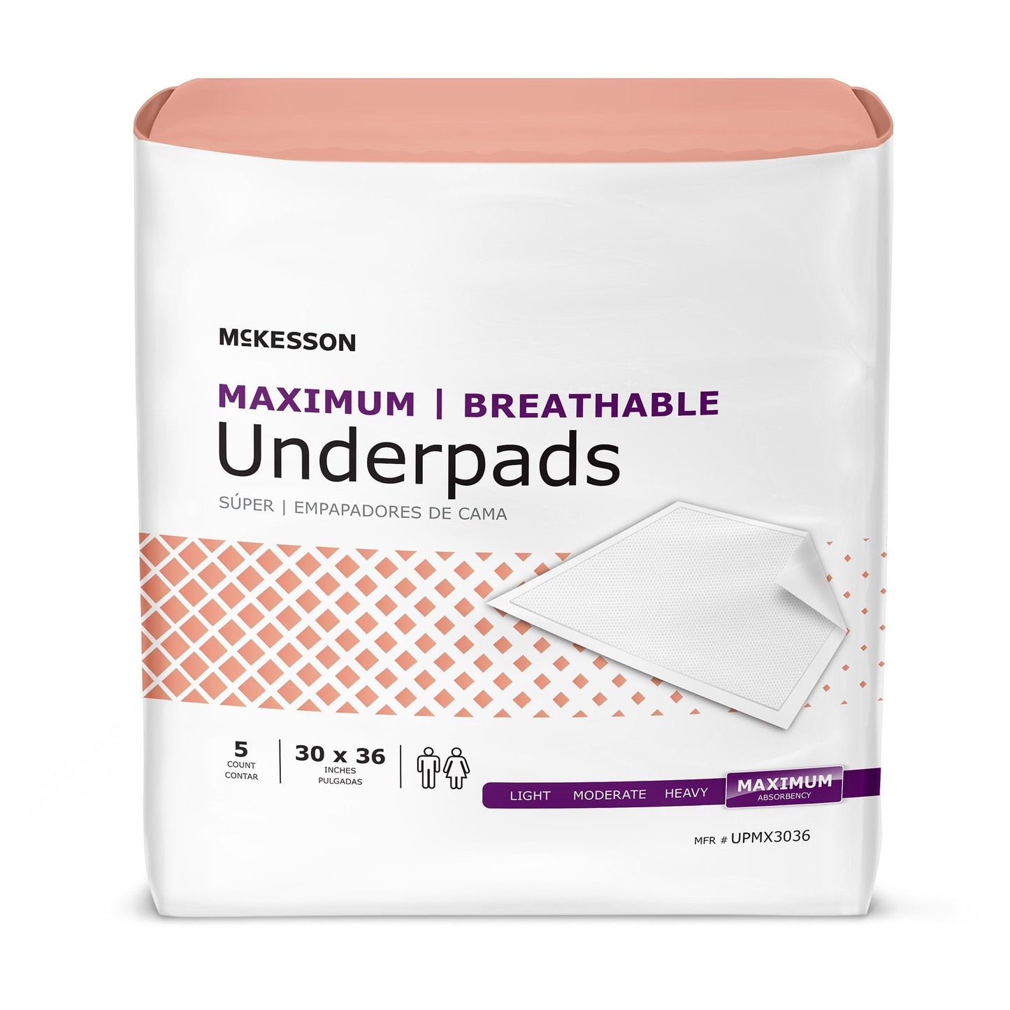 Breathable underpads, 30 x 36 in, Maximum absorbency, pack of 5