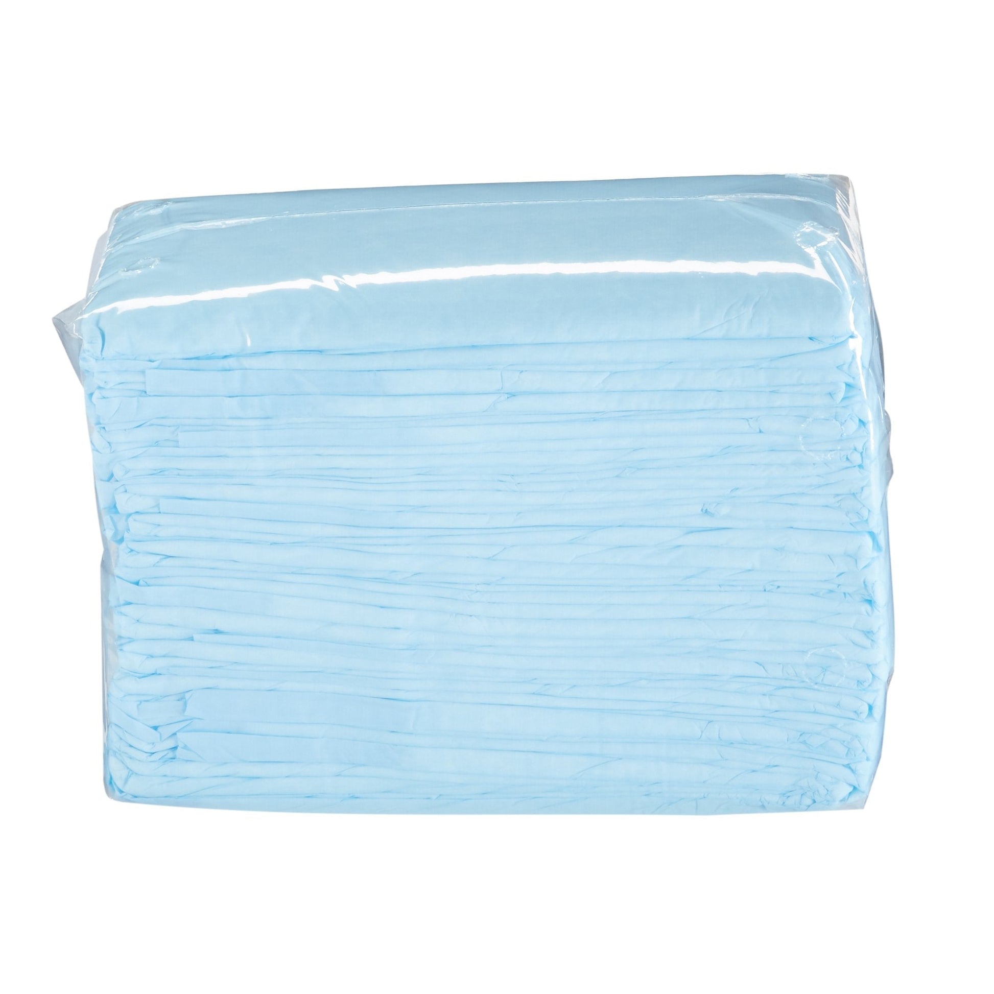 Light blue underpads stack in plastic wrap, folded absorbent bed pads