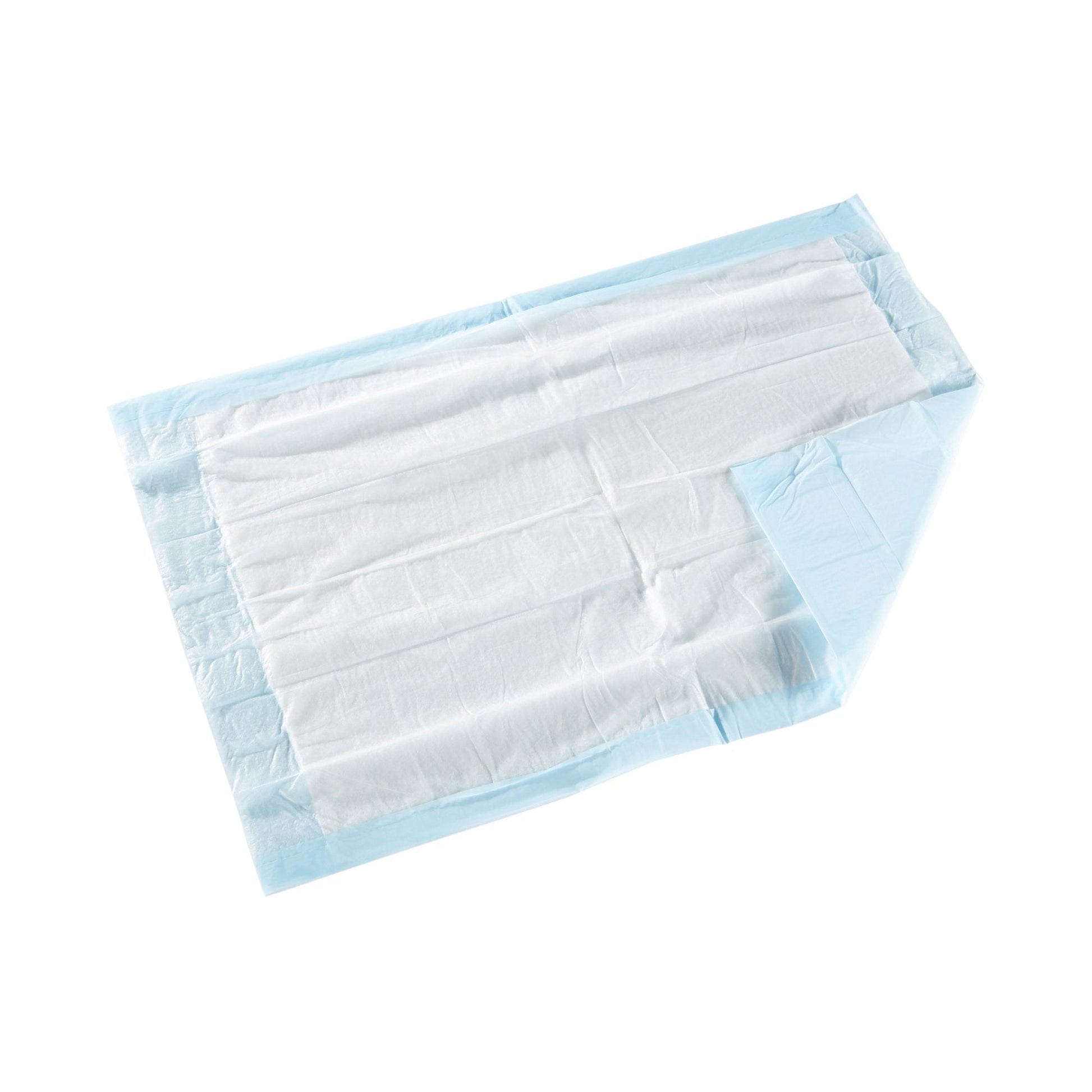 Light blue underpads folded and stacked, absorbent bed pads in wrap