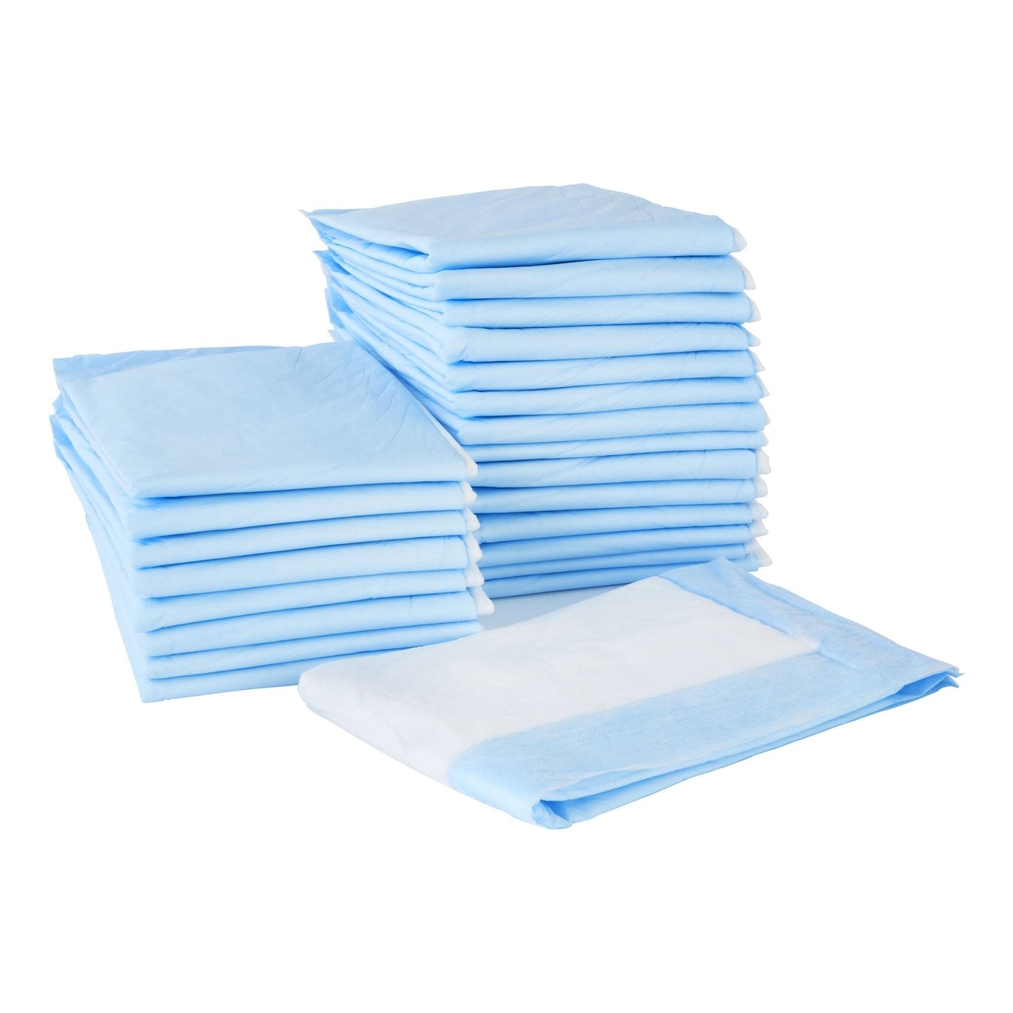 Light blue underpads bundle, multiple folded pads stacked