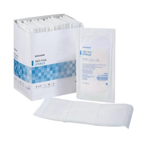 Sterile ABD abdominal pad, nonwoven cellulose—white pad and box packaging