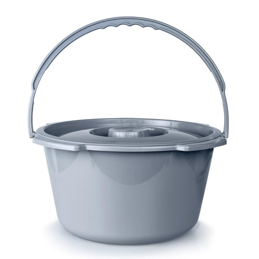 Light gray commode bucket with built-in carrying handle and lid opening