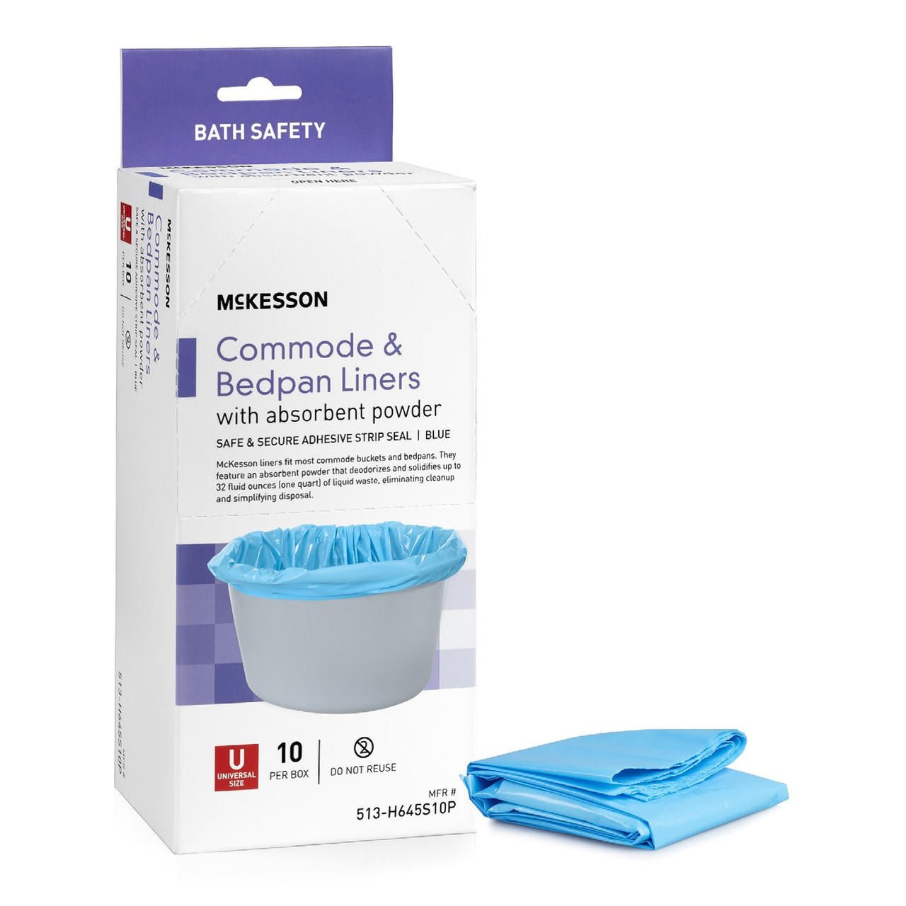 McKesson commode & bedpan liners, blue, 10 per box, adhesive strip packaging