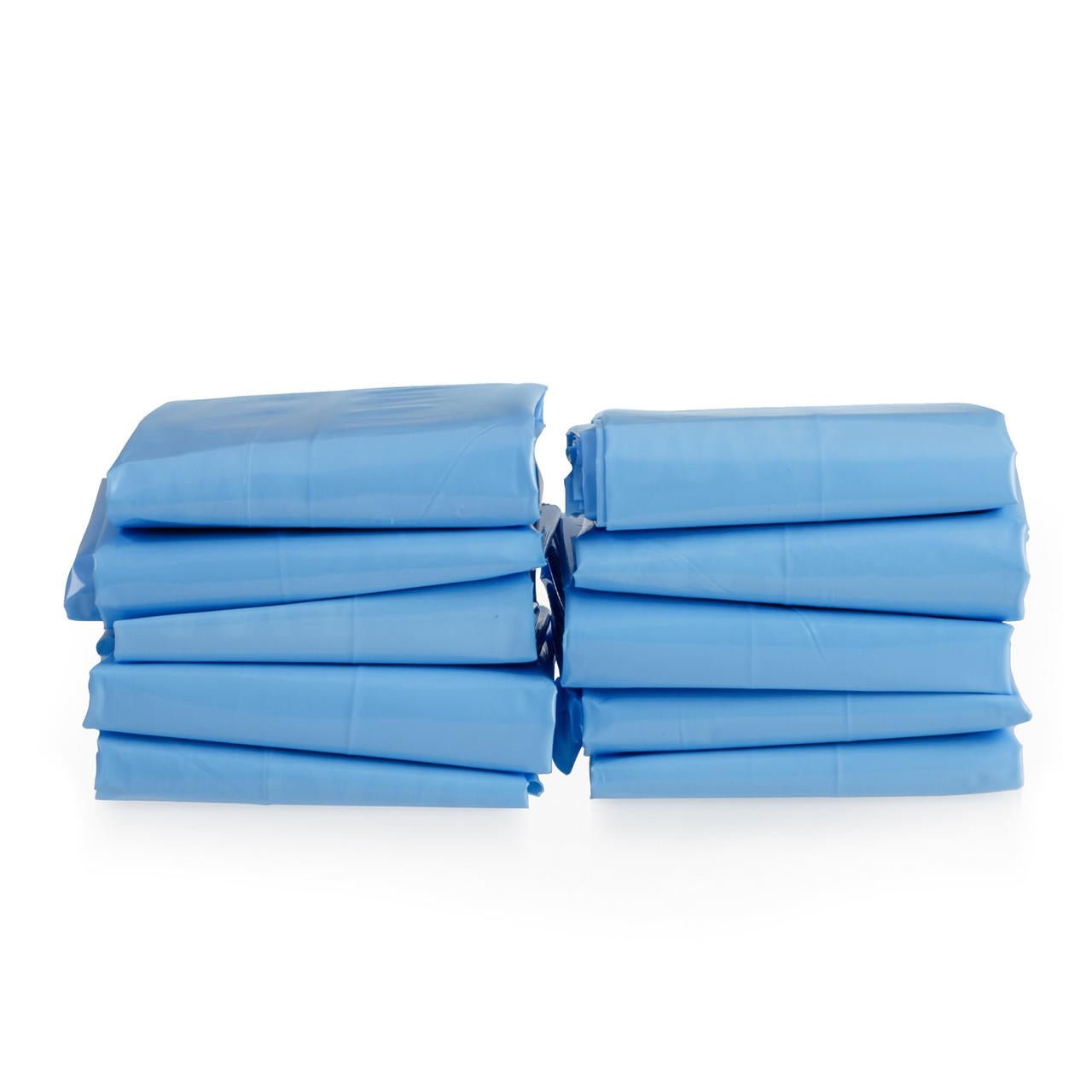 Blue commode & bedpan liners stacked, disposable absorbent liners
