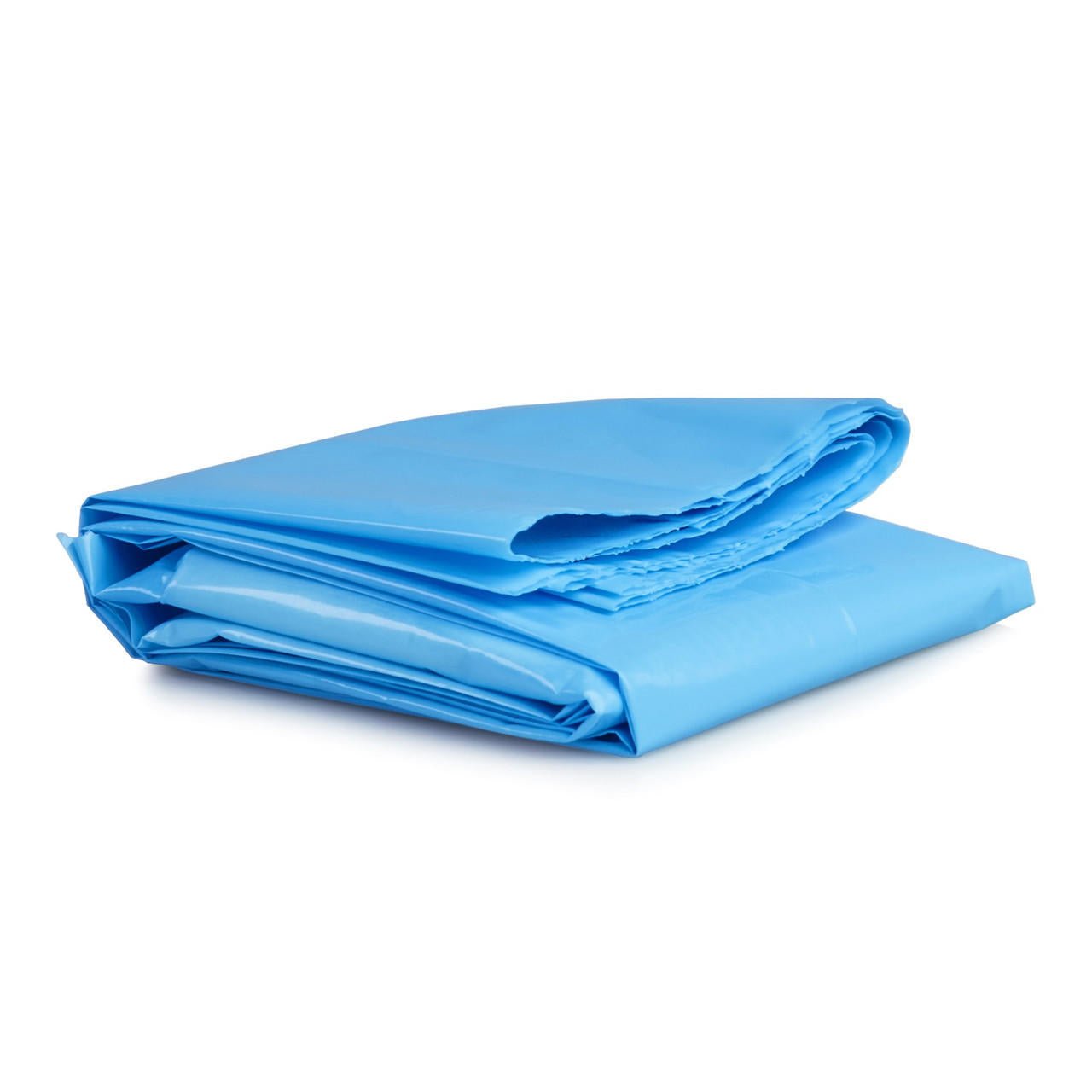 Folded blue commode & bedpan liner with adhesive strip edge visible