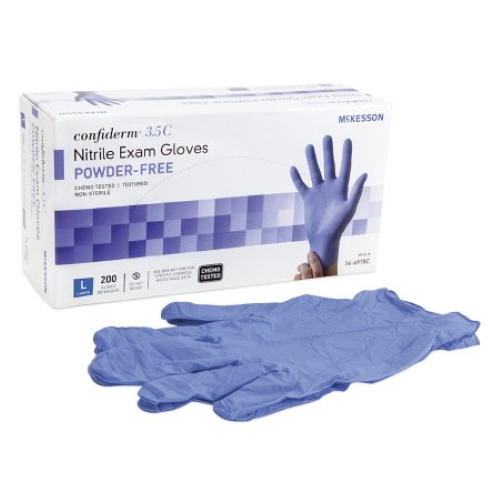 Powder-free nitrile exam gloves, L size, blue gloves laid out