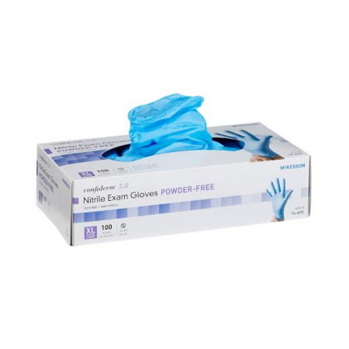 Powder-free nitrile exam gloves, blue, size XL; box with a pair of gloves on top.