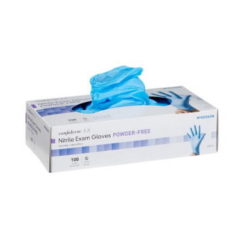 Powder-free nitrile exam gloves, blue, size L; box packaging with gloves visible.