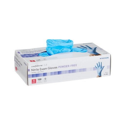 Powder-free nitrile exam gloves, blue, size S; box with folded gloves on top.