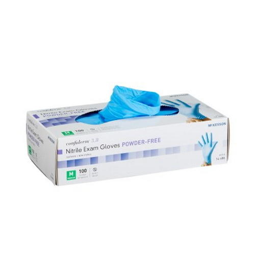 Powder-free nitrile exam gloves, blue, size M; box packaging with gloves on top.
