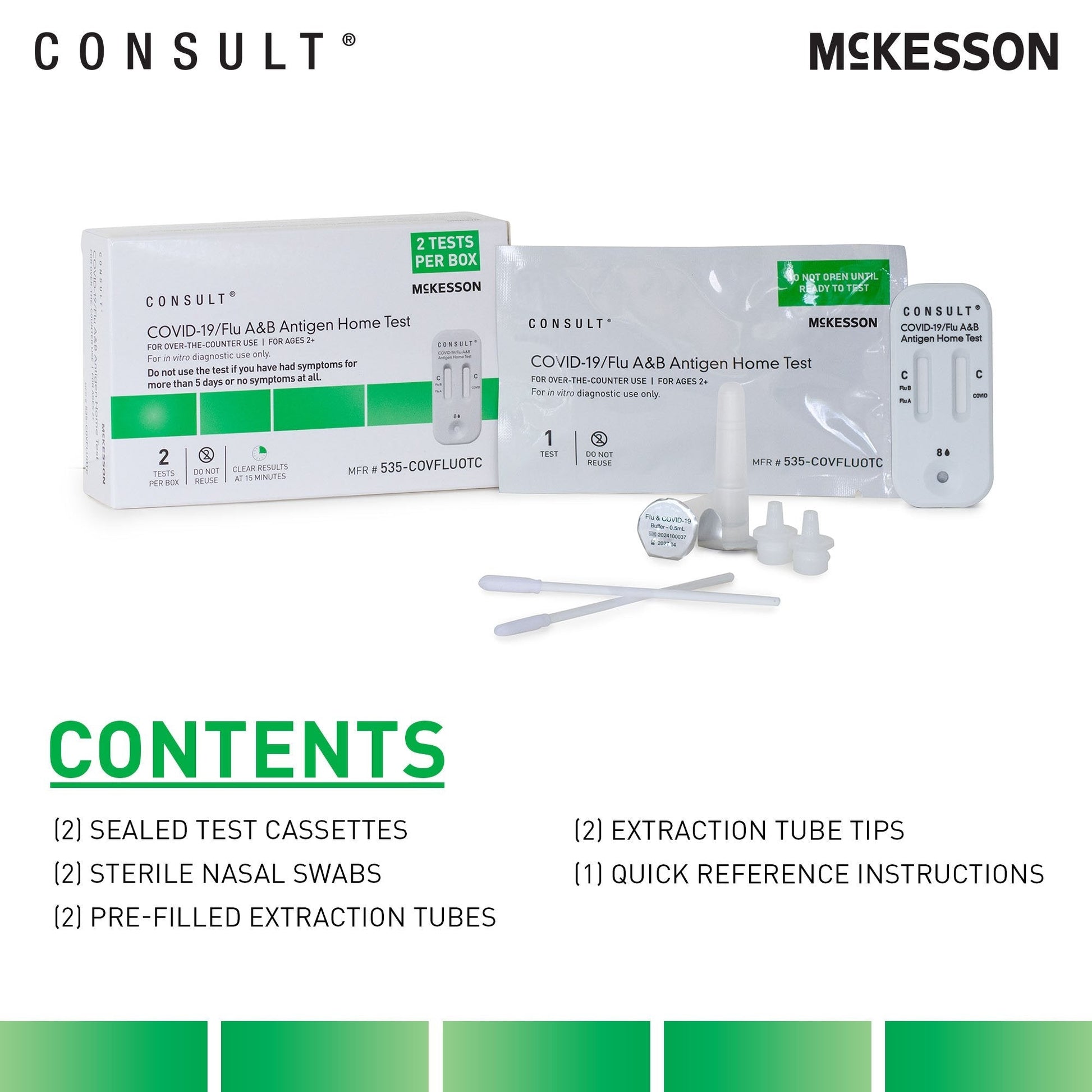 Two-test COVID-19/Flu A&B antigen home test kit with swabs, tubes, and cassettes
