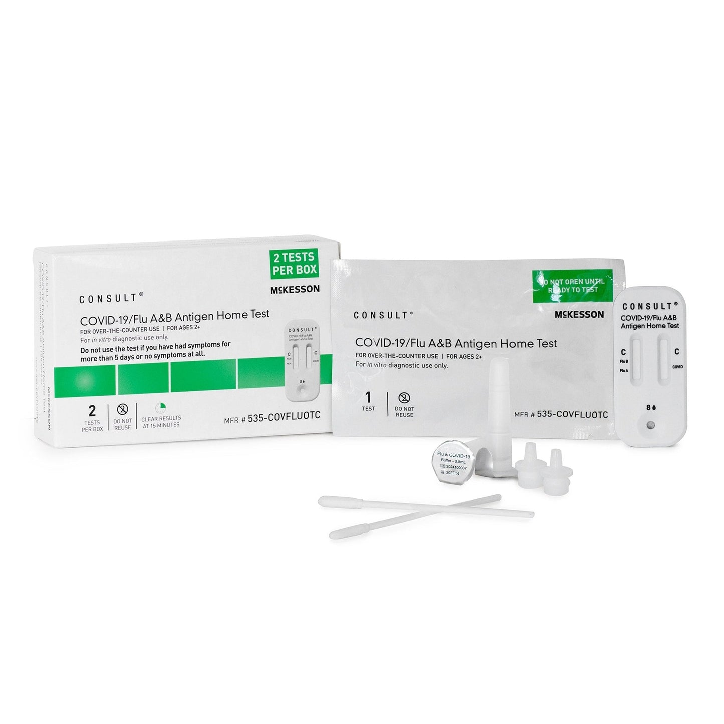 COVID-19 & Flu A/B antigen home test kit, two cassettes, swabs and droppers