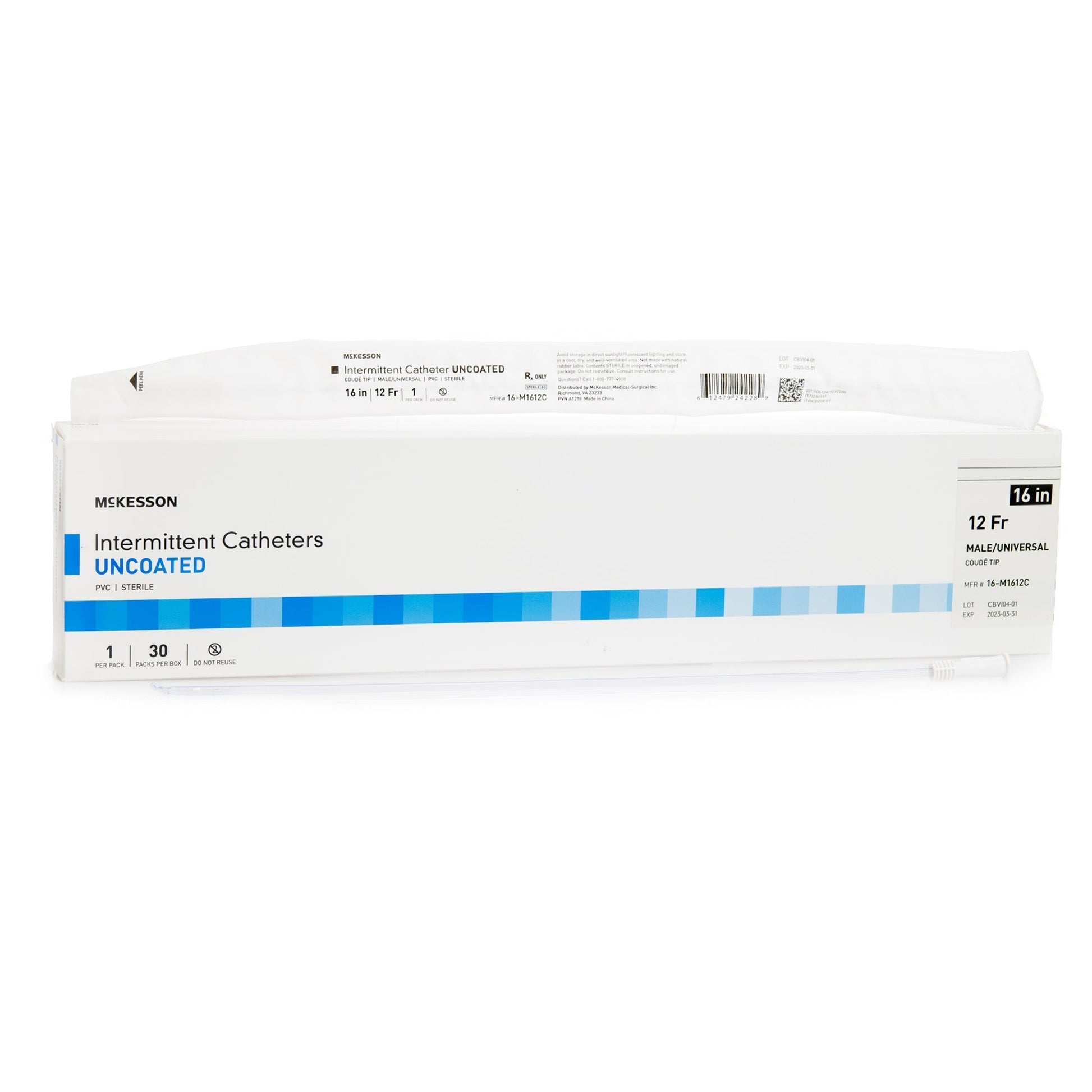 12 Fr male/universal coude tip intermittent catheters, uncoated, 16 in, boxed