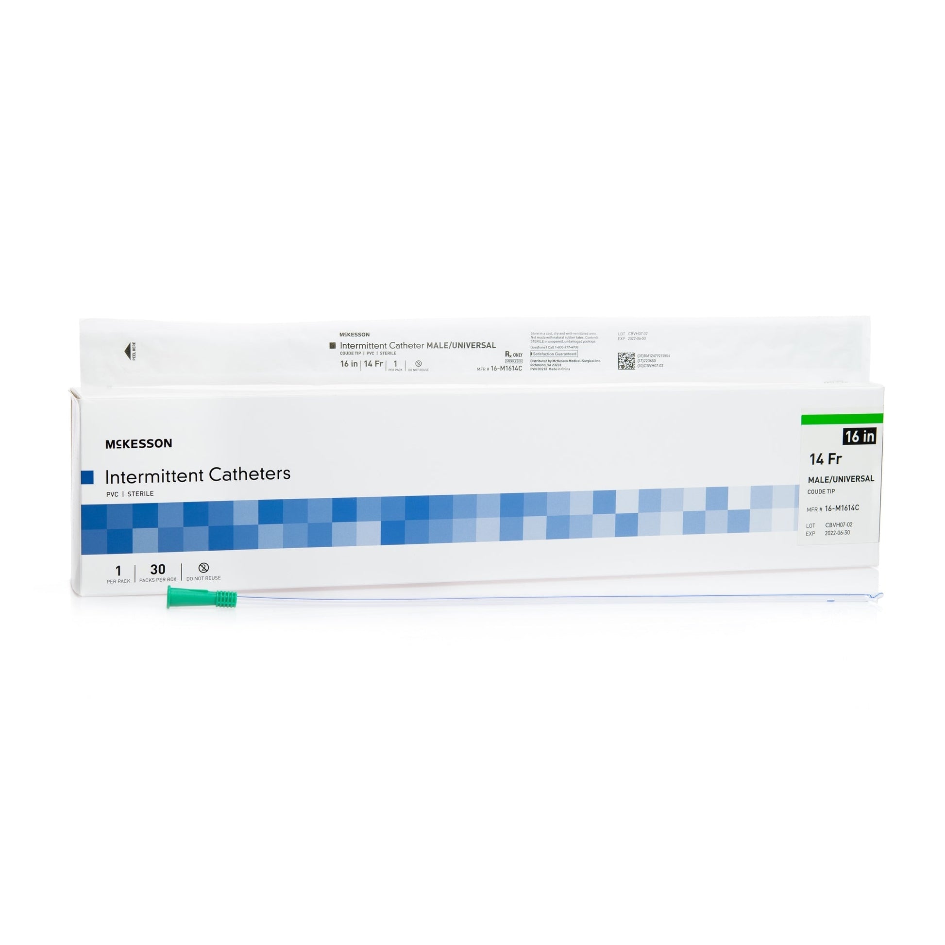 14 Fr male/universal coude tip intermittent catheters, uncoated, 16 in, boxed